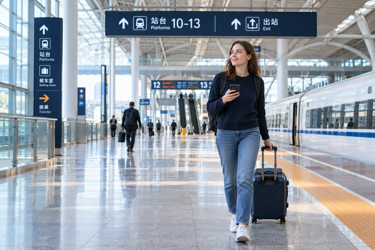 Traveler using a phone in a modern Chinese railway station